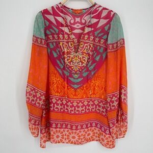 Hale Bob Cabana Silk Tunic Top Small Pink Orange Boho Beaded V Neck Resortwear